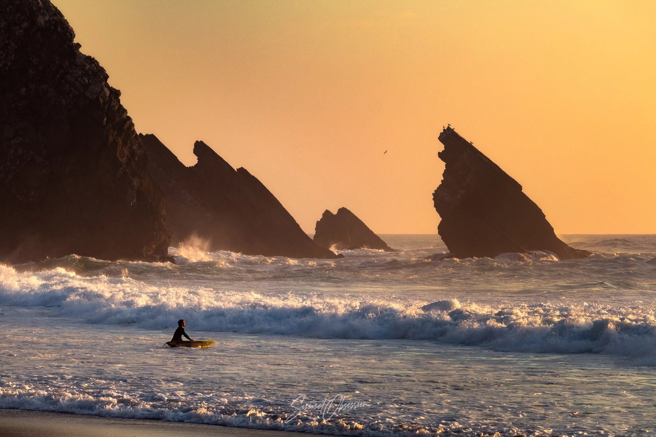 Praia da Adraga at sunset, Atlantic coast near Sintra