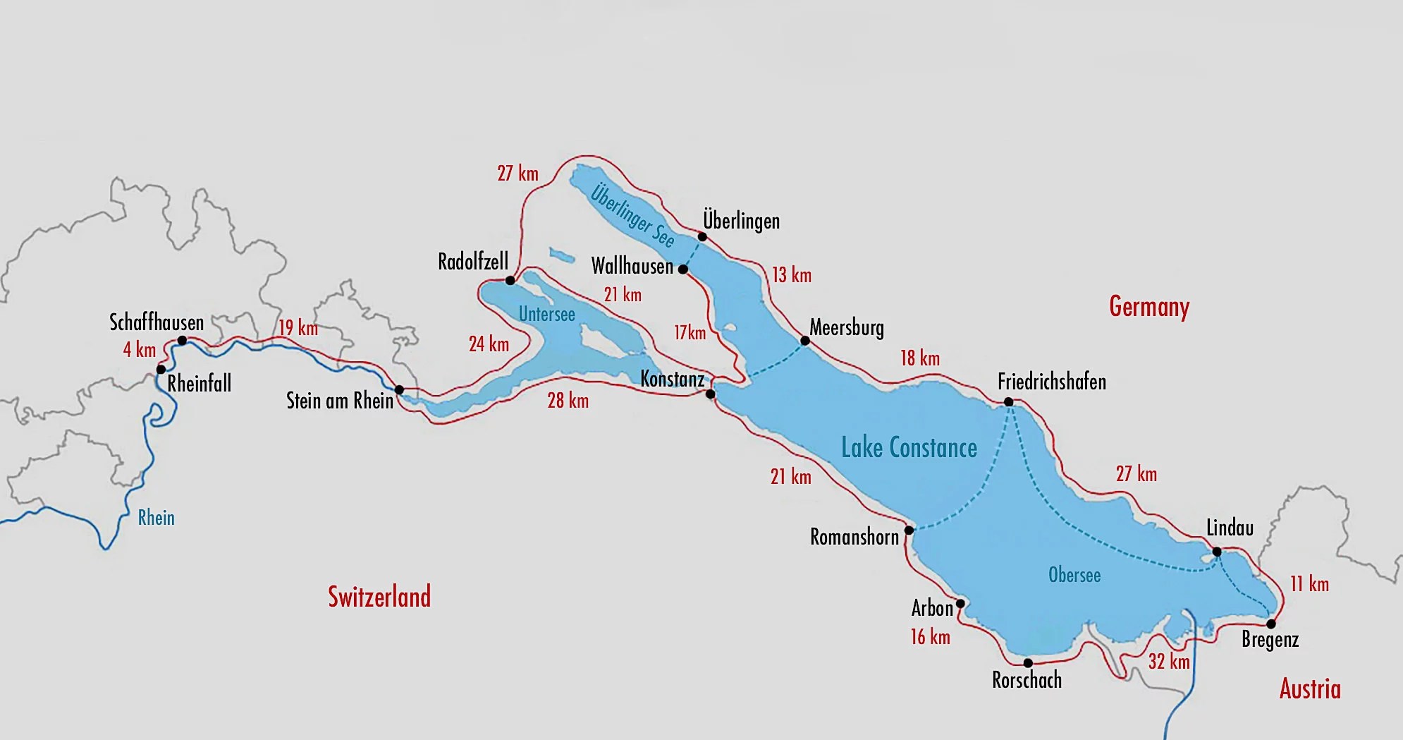Map of cycling trails around Lake Constance