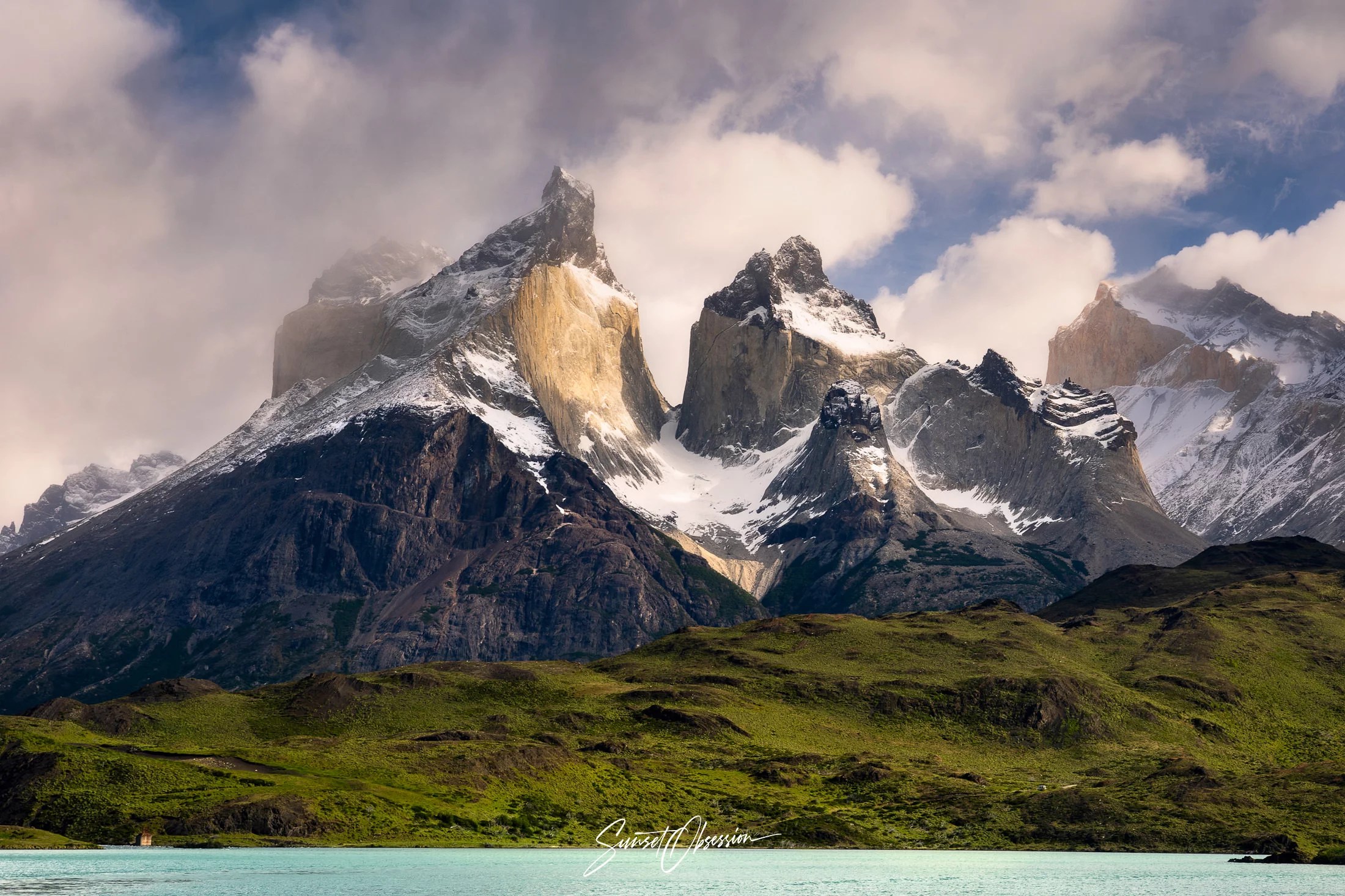 View of the Cuernos peaks from Lake Pehoe, Torres del Paine national park, Chlean Patagonia