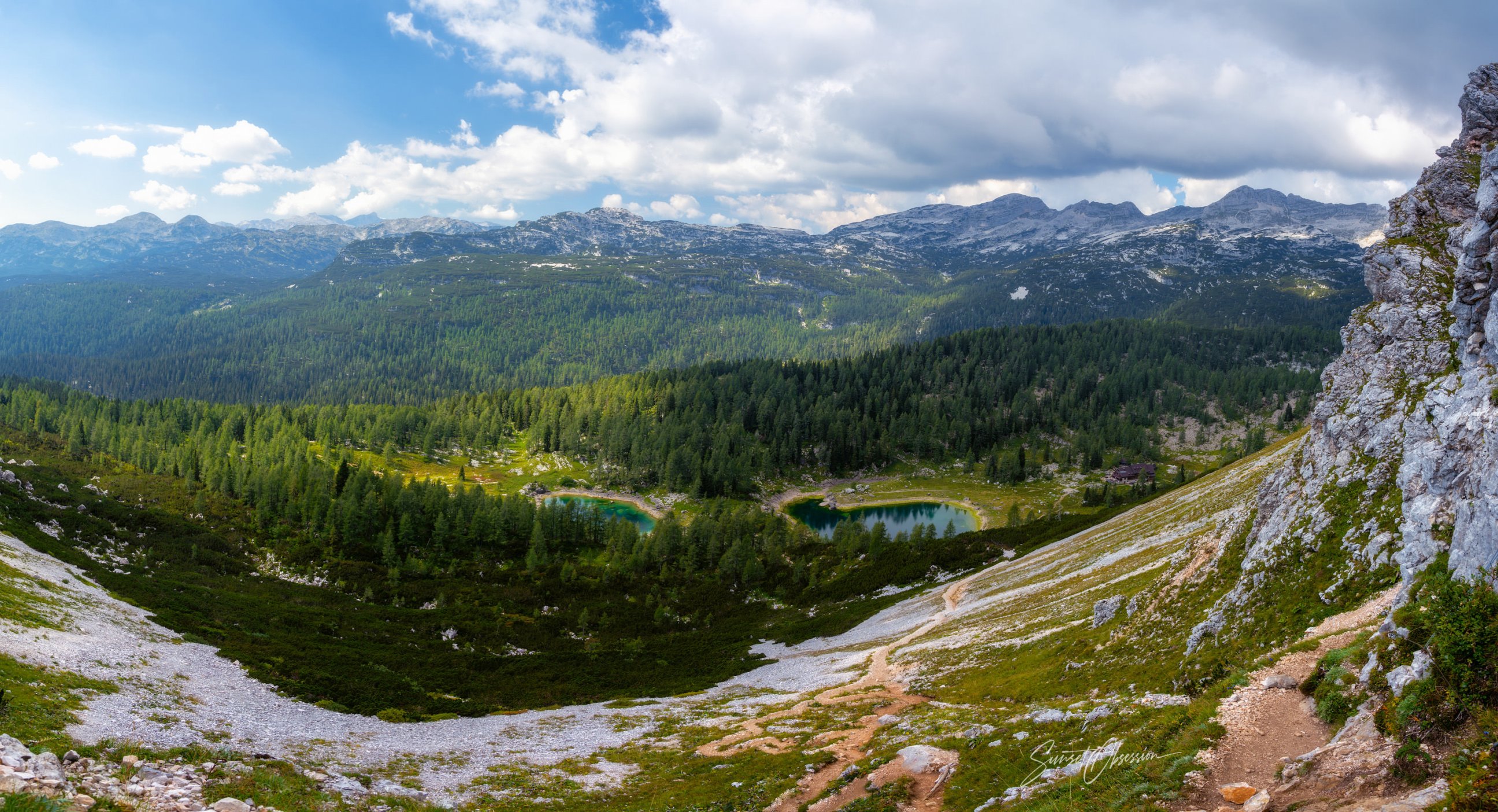 Panoramic view of the double lake from the top of the ridge