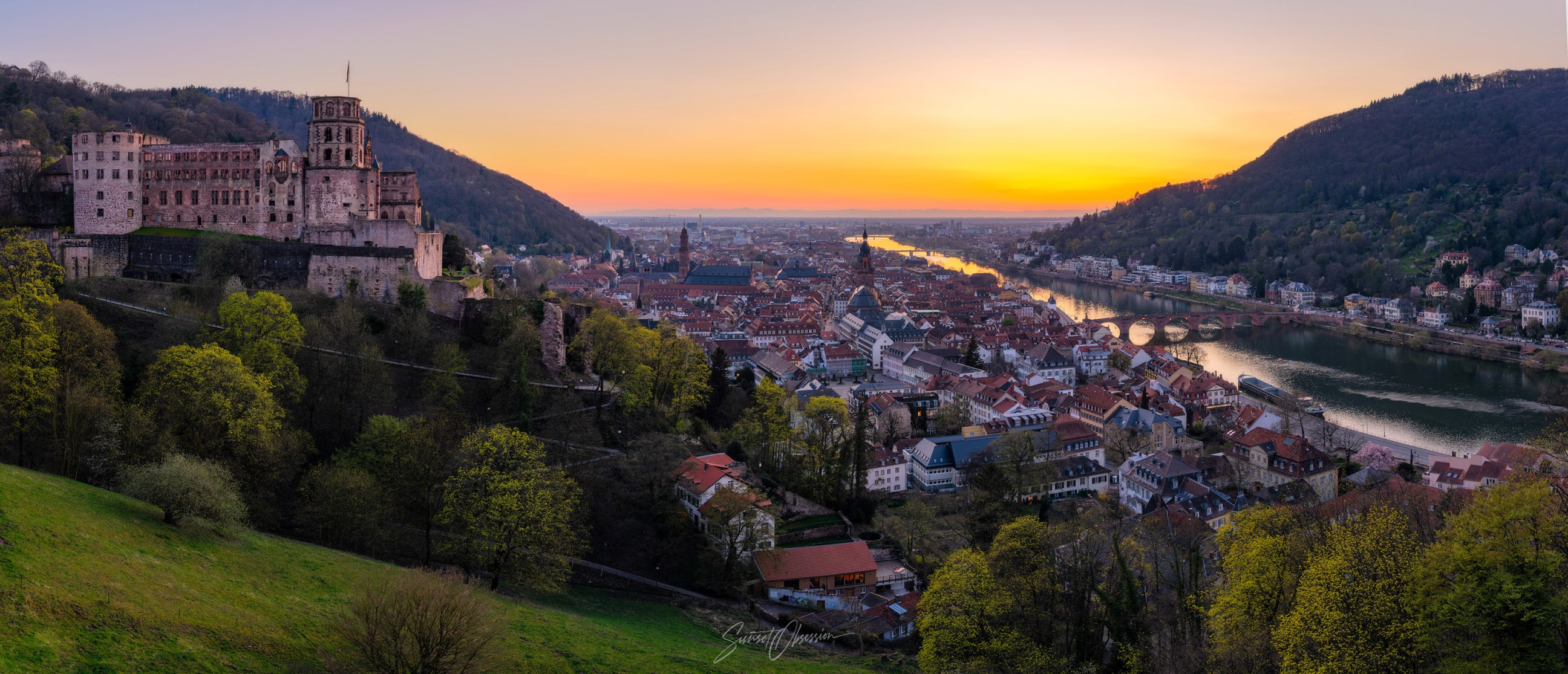 Sunset panorama of Heidelberg castle and old town