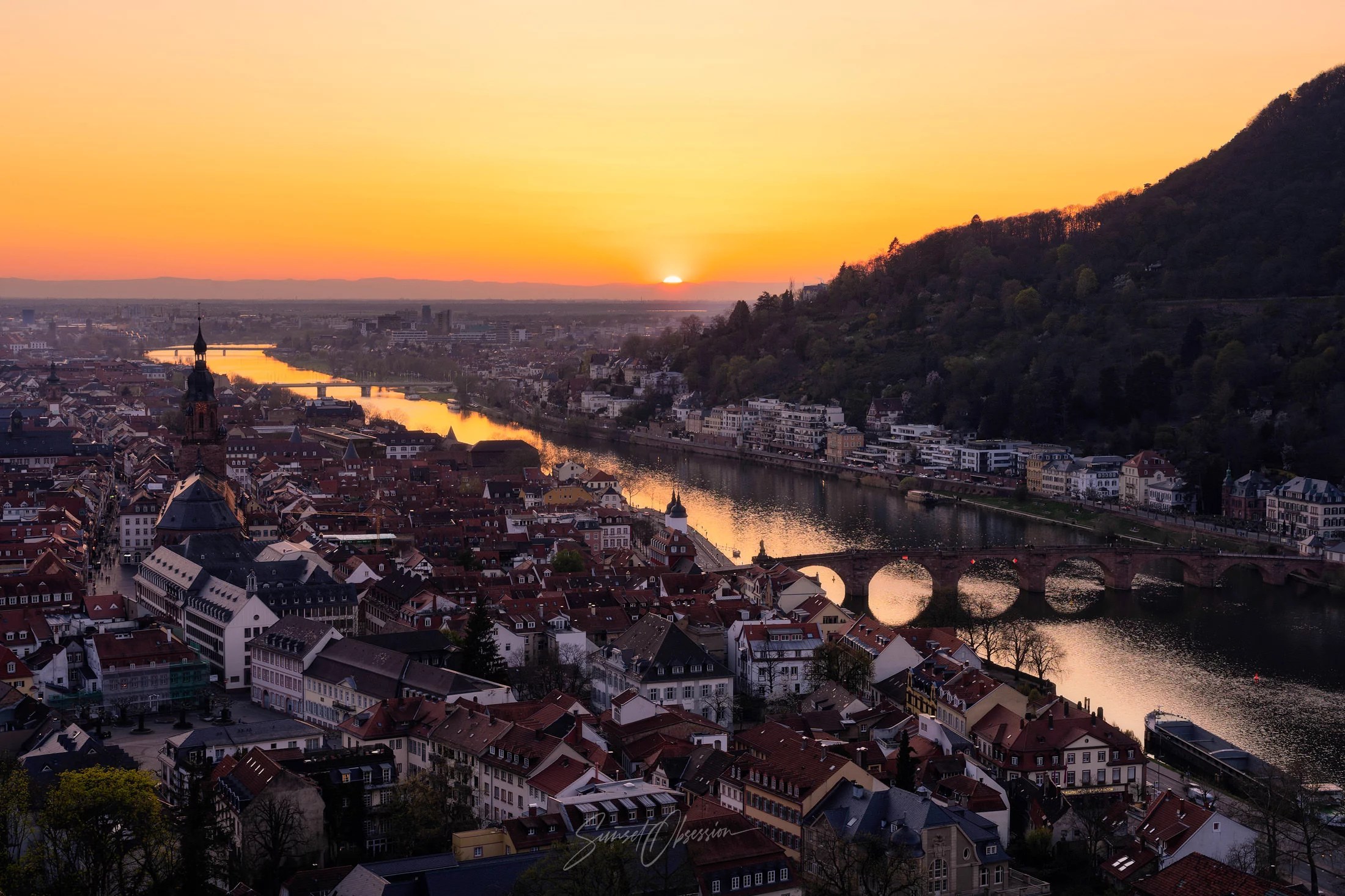 Sun setting over Heidelberg, view from the Scheffelterrasse
