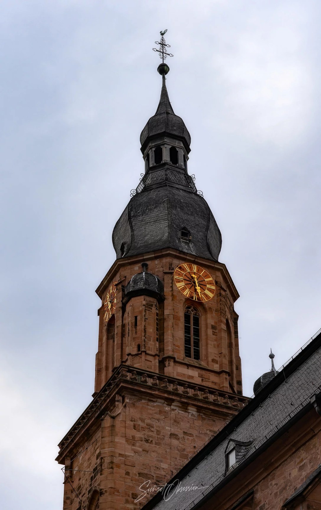 The tower of the Church of the Holy Spirit in Heidelberg, Germany