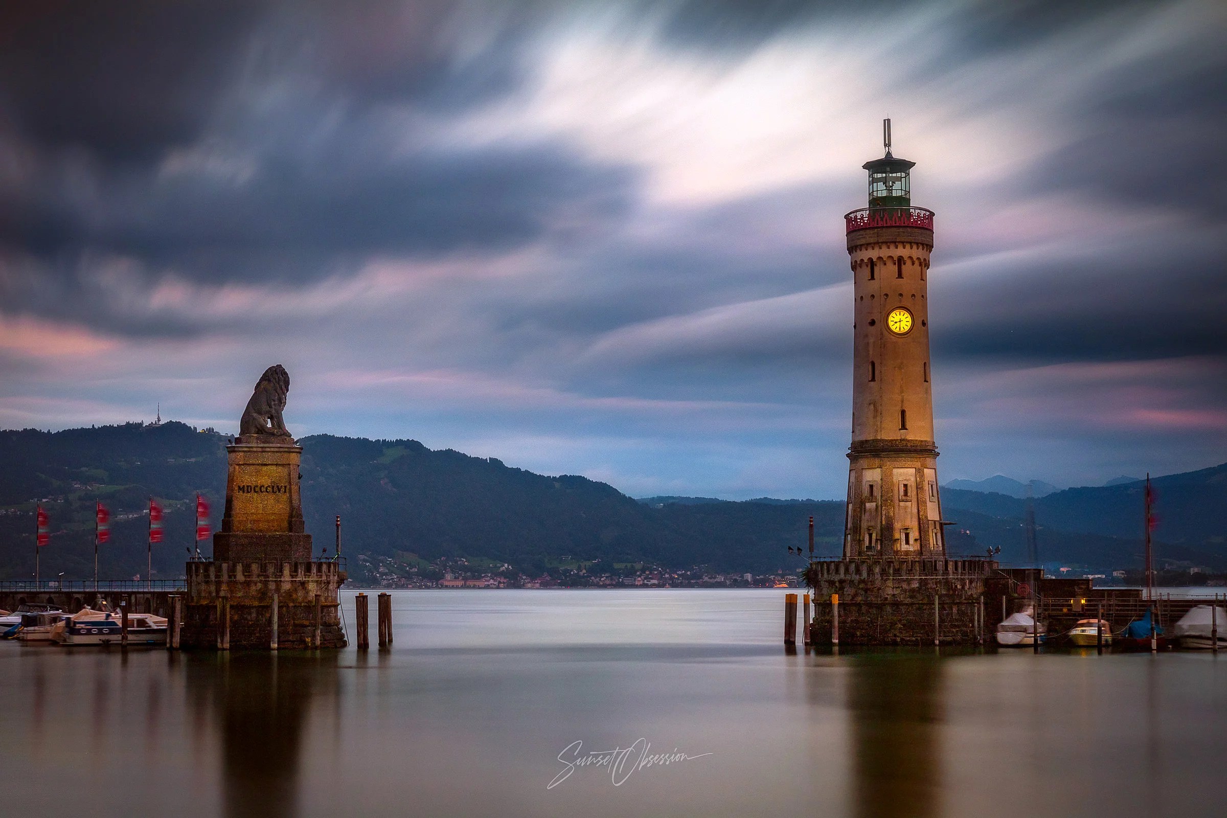 Sunset over Lindau port, Lake Constance, Germany