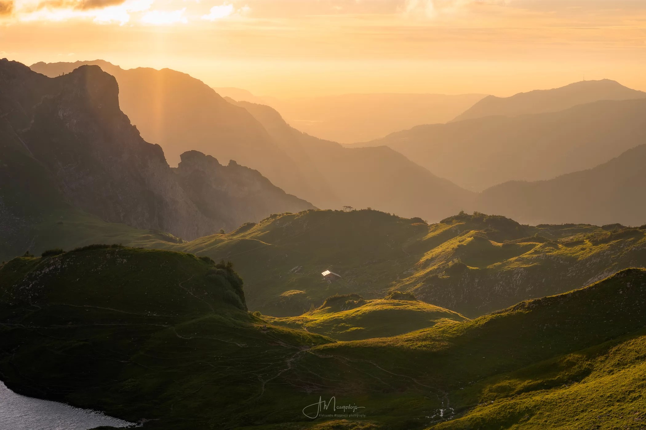 Beautiful view of the hills of Allgäu at sunset