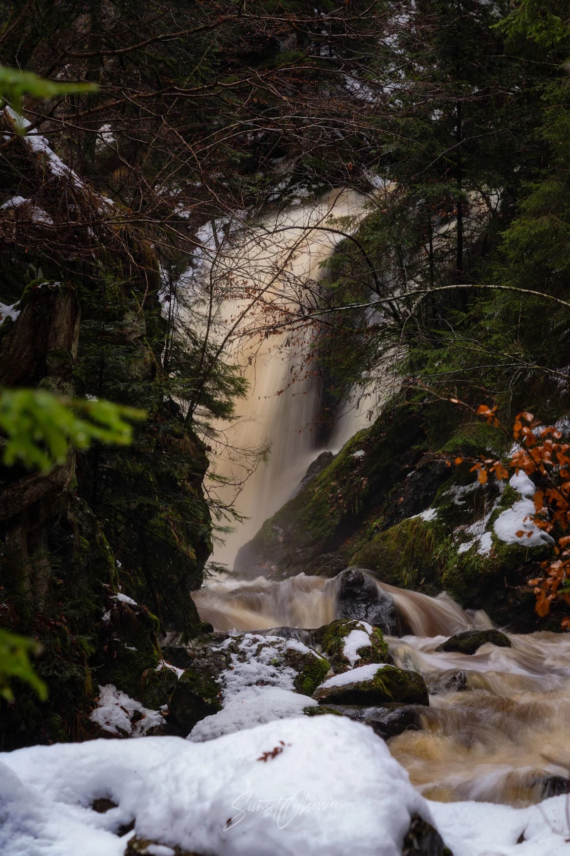 Ravenna gorge Great Waterfall in winter, Black Forest, Germany