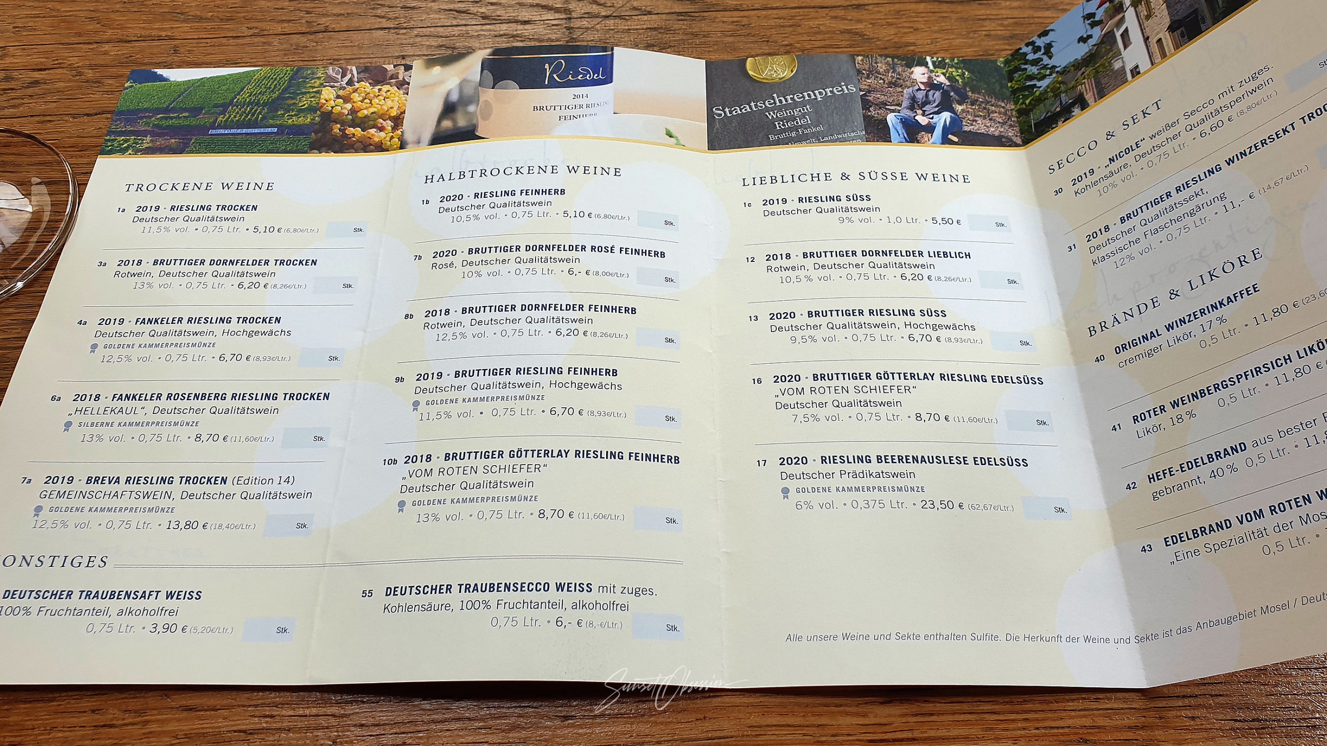 Typical price list of Mosel wines