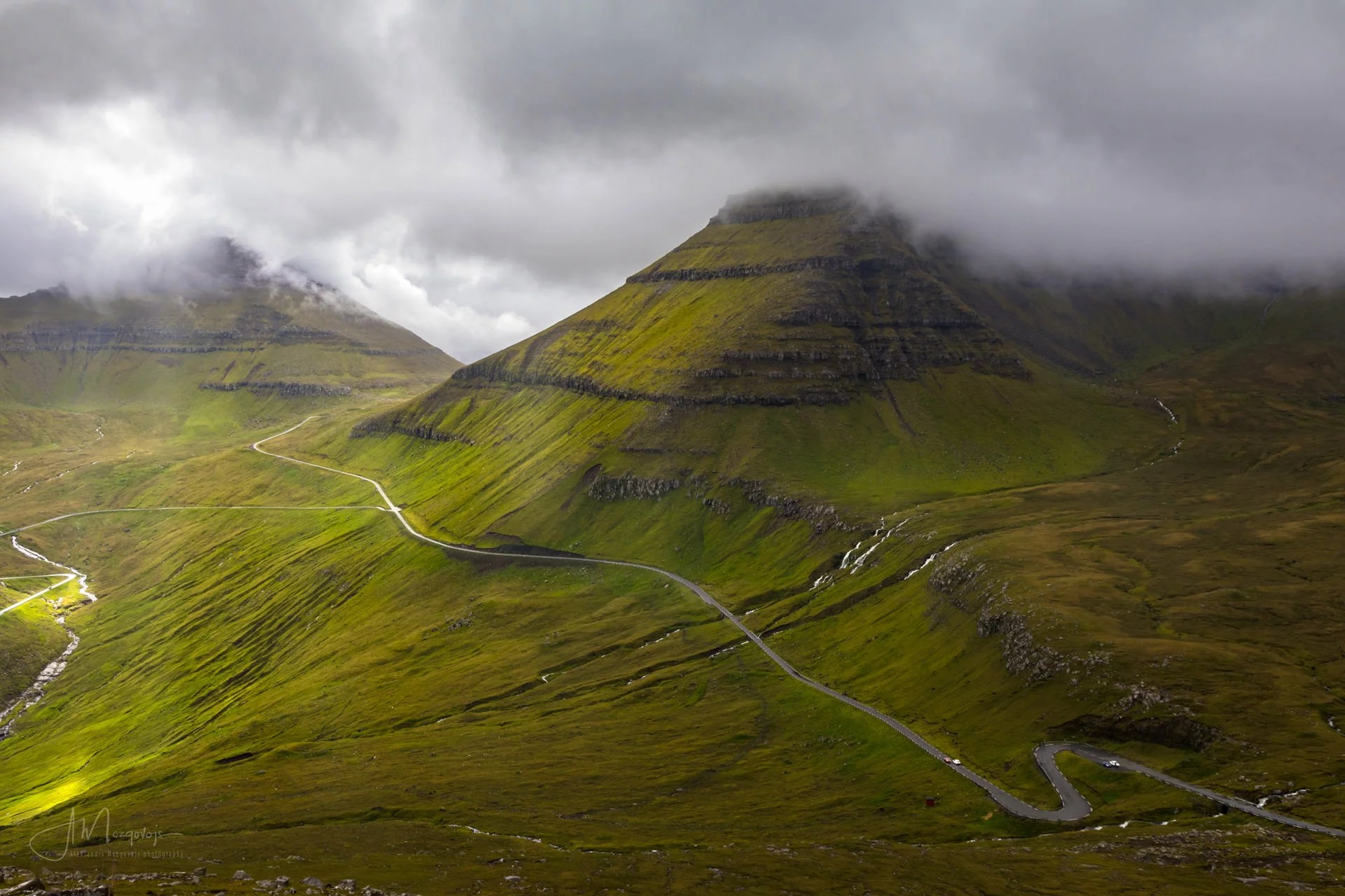 View of the S-curve from the hike to the mountain ridge on Eysturoy, Faroe Islands