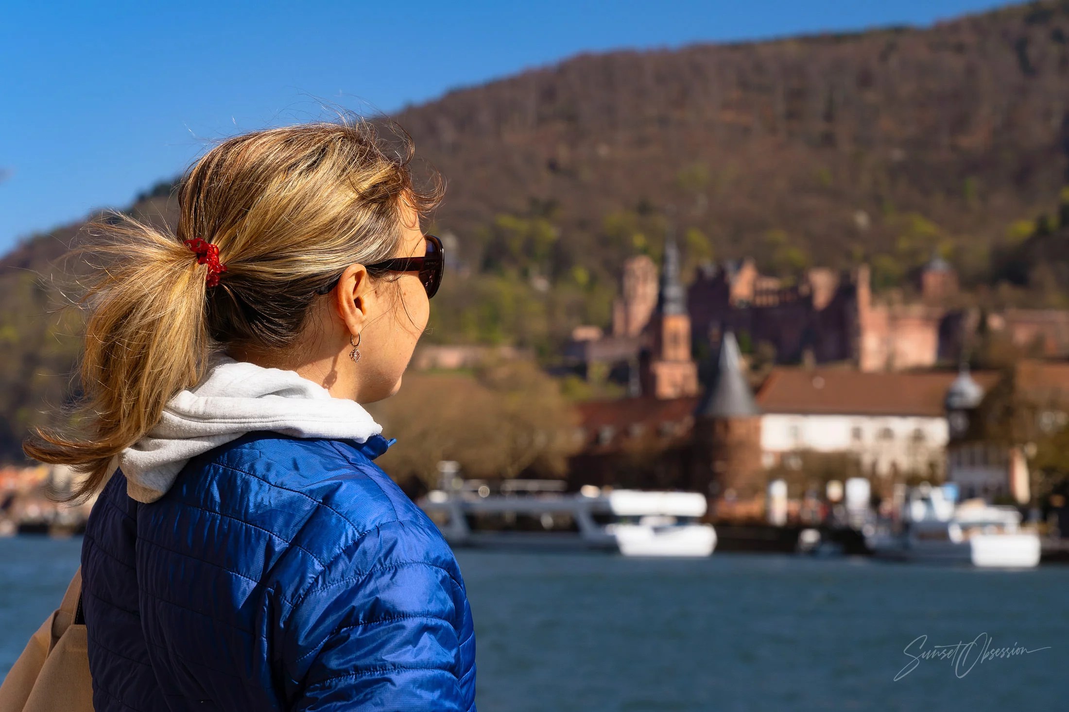 Looking over Neckar and towards Heidelberg castle ruins, Germany