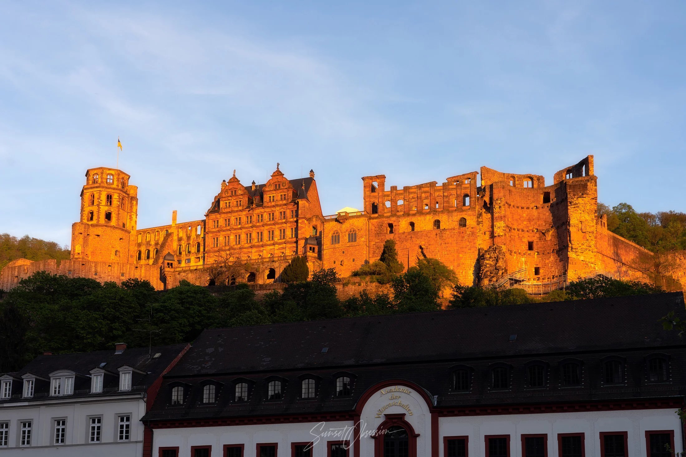 The Heidelberg Castle glowing in the rays of the setting sun, Heidelberg