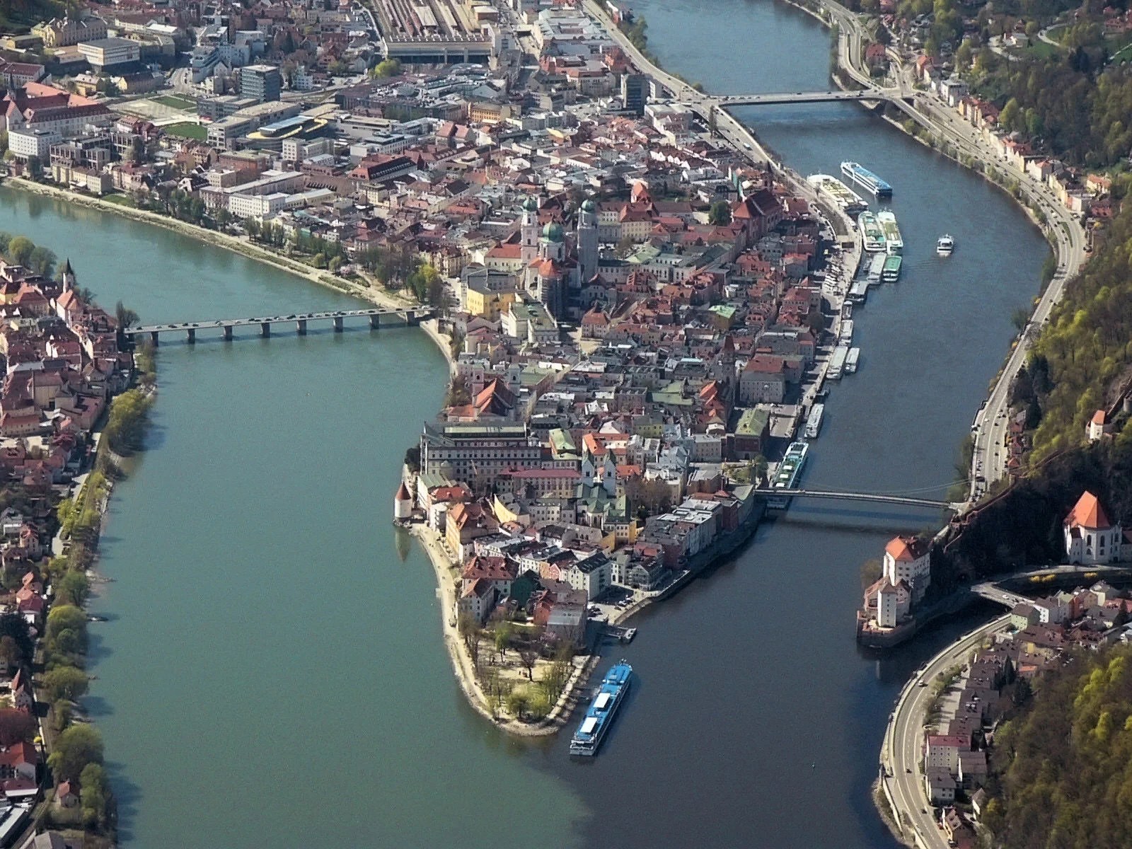 Passau's three rivers – Inn to the left, Ilz in the lower right, and the Danube in the middle. Note the color difference in the water.