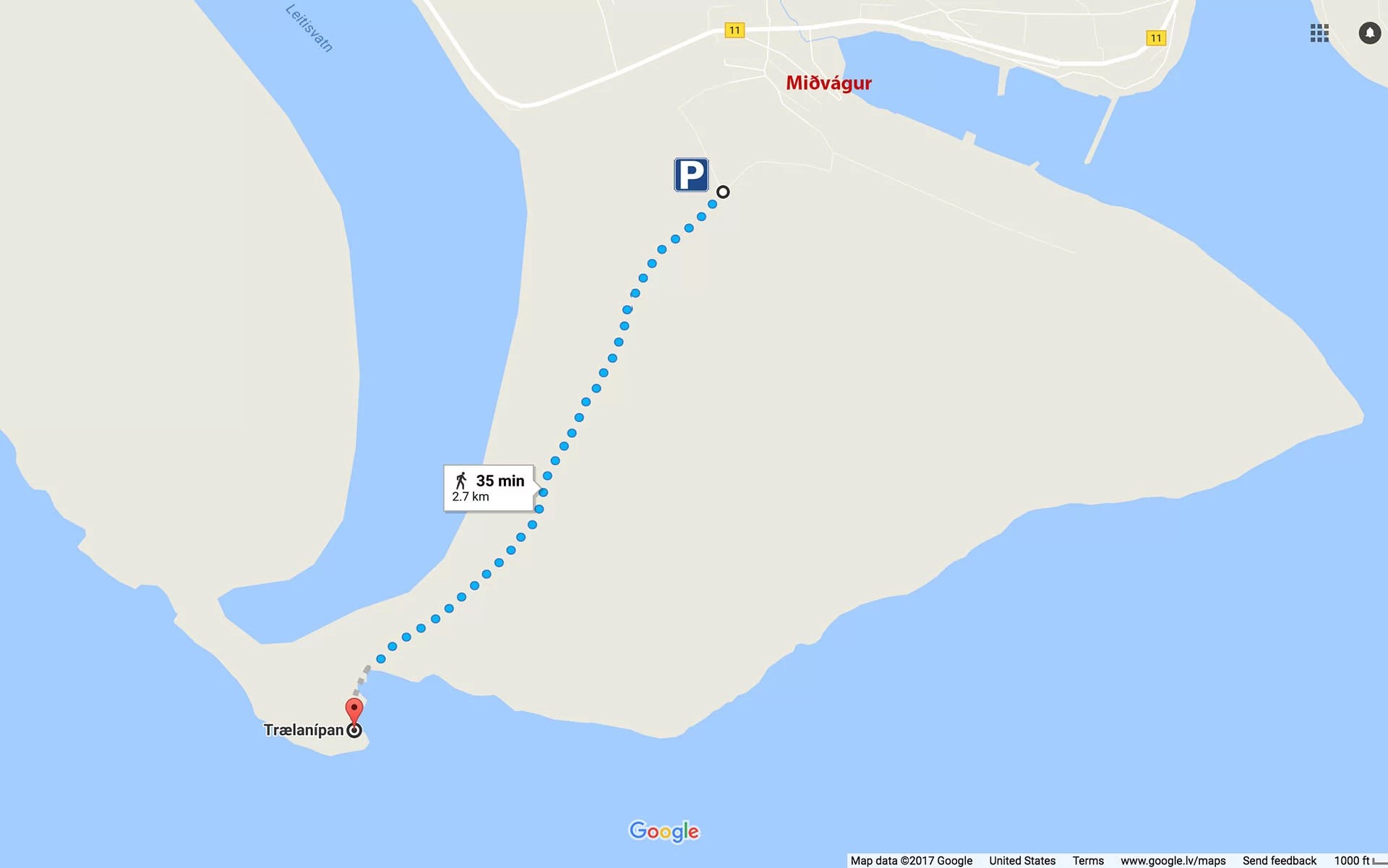 A map of the hike to Trælanípa