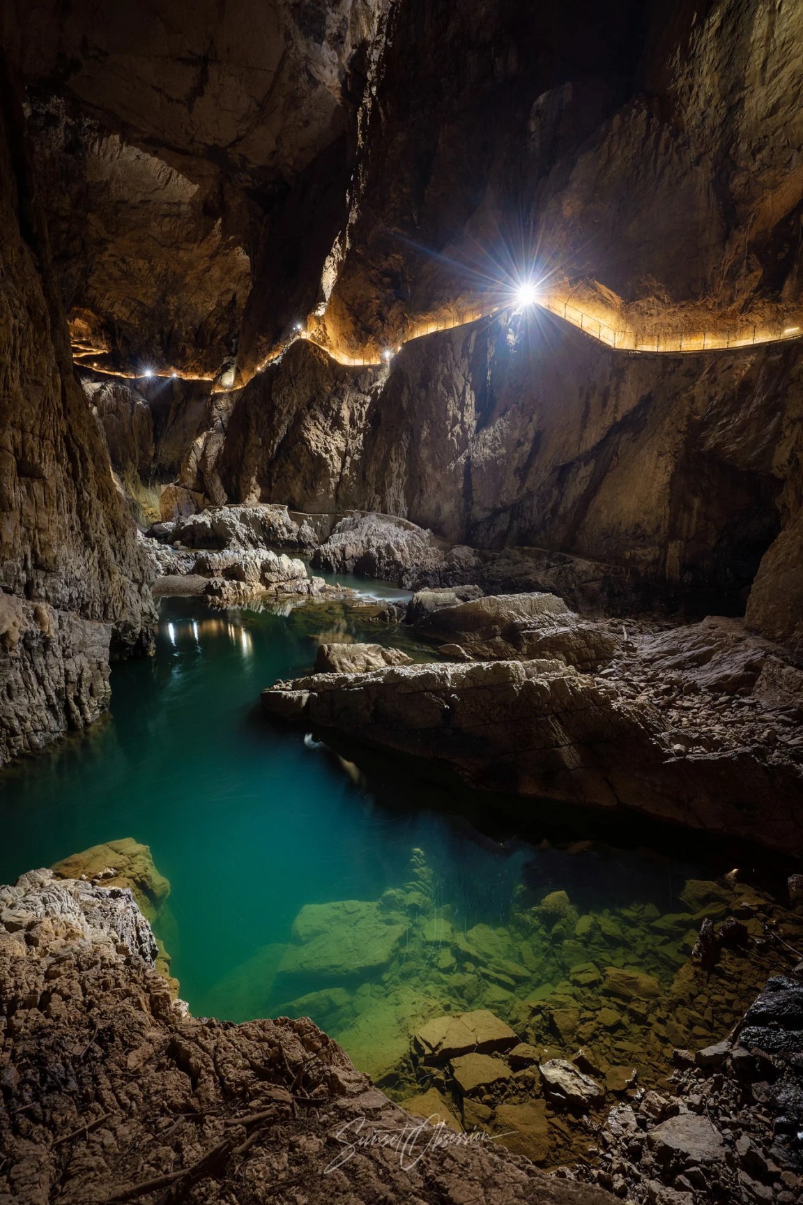 At the Reka river on the bottom of the underground canyon