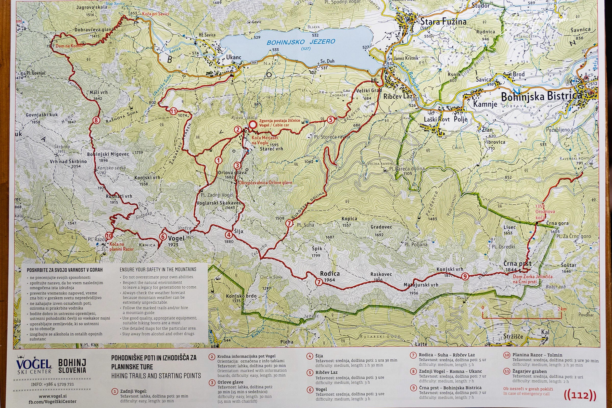 A map of hiking trails around Lake Bohinj and Mount Vogel
